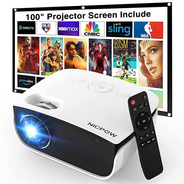 Outdoor Projector with 100 Inch Projector Screen, 1080P Supported Movie Projector, 5500 Lumen Portable Projector, Nic pow Mini Video Projector, Compatible with TV Stick/PS4/PC/Laptop/Smartphone