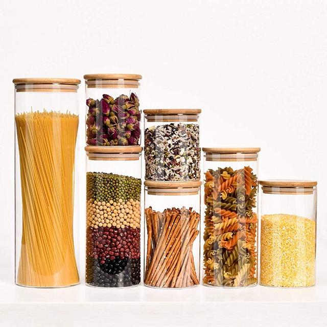 Waiter Tree Glass Jar Set Of 7 Pieces, With A Bamboo-Wood Sealed Lid Household Storage Containers, Including Tea, Sugar, Salt, Coffee, Flour, Herbs, Cereals, Cookie Jars, Snacks, Etc.