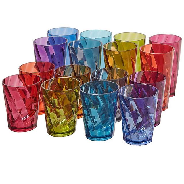 US Acrylic Optix 16-piece Plastic Stackable Tumblers in Jewel Tone Colors | 8 each: 14-ounce Rocks and 20-ounce Water Drinking Cups | Reusable, BPA-free, Made in the USA, Top-rack Dishwasher Safe
