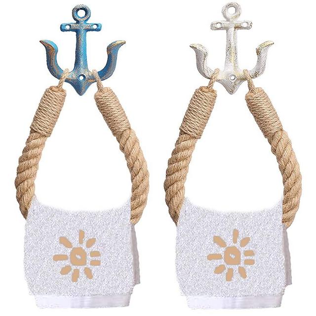 2 Piece Nautical Rope Towel Ring, Toilet Paper Holder Beach Themed Bathroom Decord with Metal Hook for Beach Themed Bathroom Decor(Blue+White)
