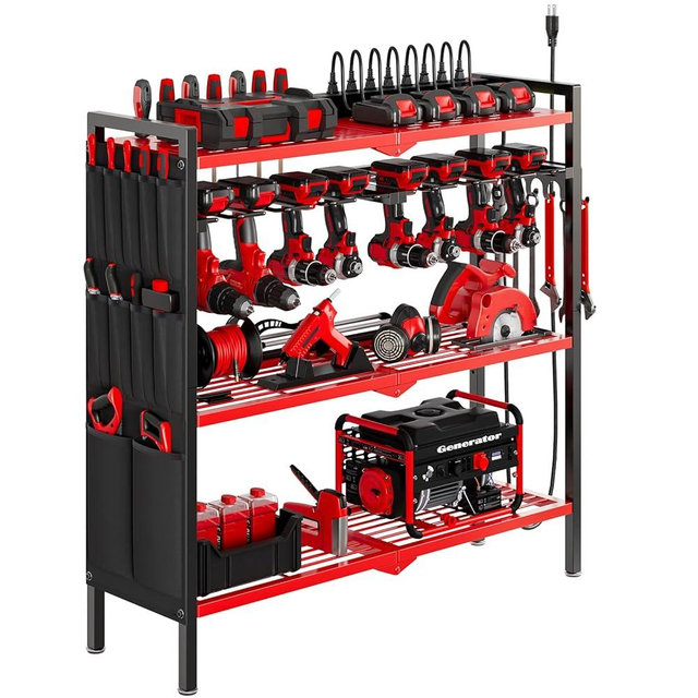 NattyDot Large Power Tool Organizer Cart with Charging Station 8 Drill Holder Garage Storage Standing Heavy Duty and Stability Storage Rack Utility Tool Shelf (Red)