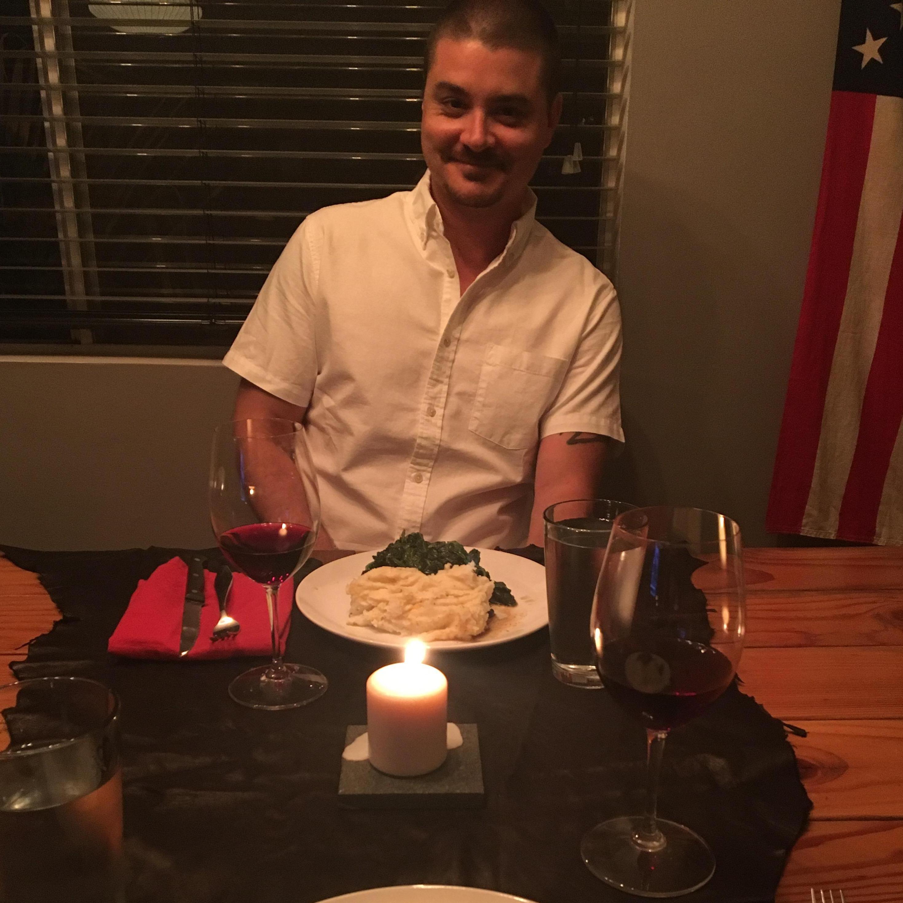 Typical date night at home. Justin made Lauren a steak hidden under a pile of mashed potatoes