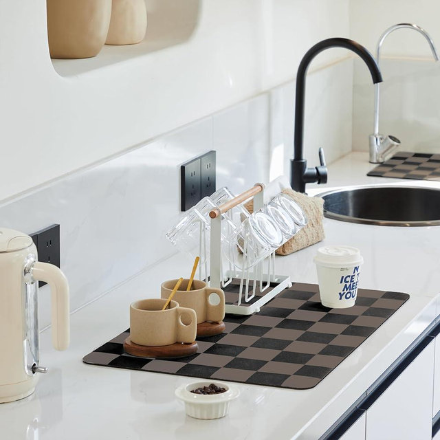 Ohocut Checkered Dish Drying Mat for Kitchen Counter, Coffee Bar Station Accessories, Retro Cute Aesthetic Modern Absorbent Drainer Mat Kitchen Drying Mat Easy Clean Brown and Black, 19" x 12"