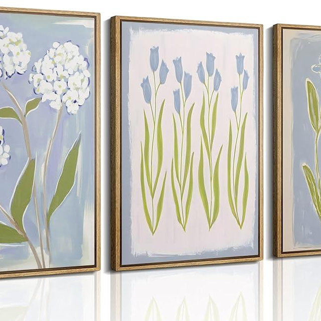 3Pcs Blue Green Tulip Hydrangea Flower Wall Art Flowers Plant Aesthetics Painting Picture Decor Elegant Preppy Poster Print Artwork for Living Room Gallery Bedroom Dorm Home Decoration