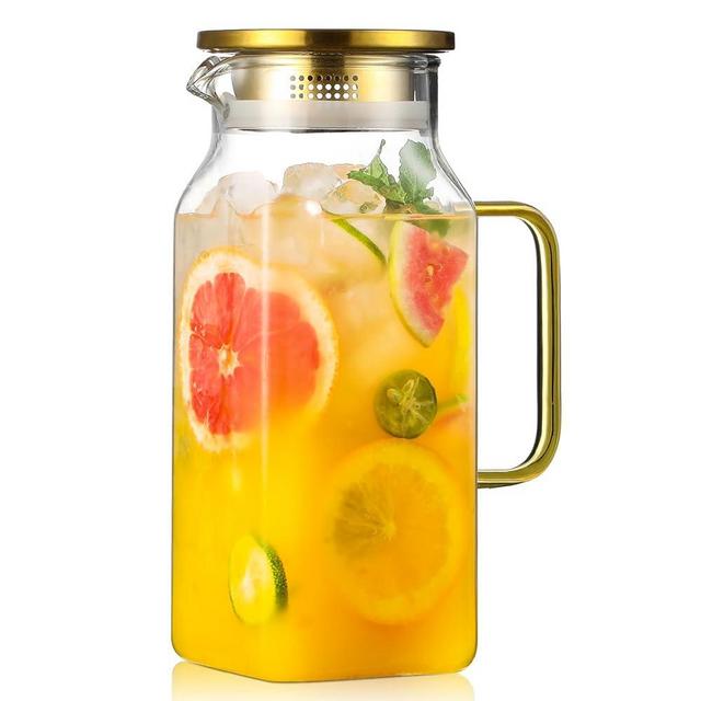 40 oz,1.2Liter Square Glass Pitcher with Lid and Spout, Water Pitchers with Handle for Fridge, Borosilicate Glass Carafe for Hot/Cold Drink, Large Jug for Iced Tea, Coffee, Beverage, Cold
