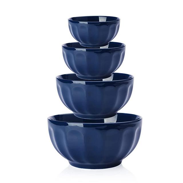 Sweese 129.403 Porcelain Fluted Bowls 10-26-42-64 Ounce Various Size Bowl Set - Set of 4, Navy