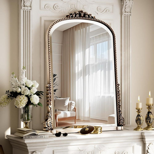 VETROVUE 32x24 Beaded Arched Mirror, Bathroom Mirror for Over Sink, Metal Frame Wall Decor for Entryway, Bedroom, Living Room, Silver