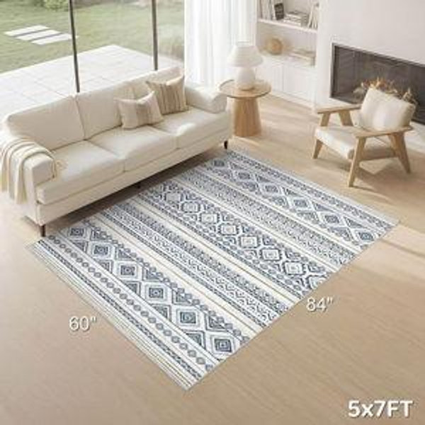 5x9, Cotiled, Area Rug Living Room: Washable Boho Rugs with Non Slip Backing Large Soft Indoor Stain Resistant Carpet for Bedroom Farmhouse Dining Room Lightweight Home Decor Blue