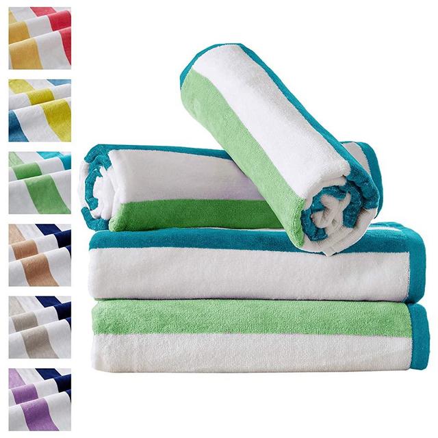 4 Pack Reversible Plush Velour 100% Cotton Beach Towels. Cabana Stripe Pool Towels for Adults 30" x 60". Sunset Bay Collection (Aqua/Green)