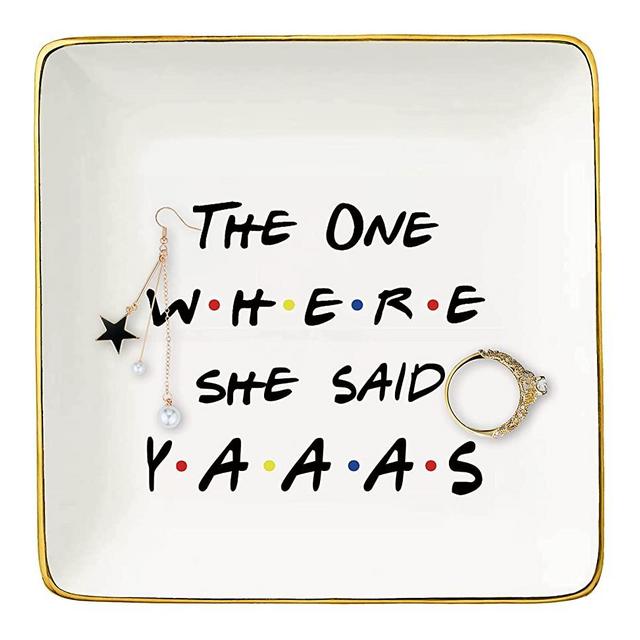 Topthink Engagement Gifts for Her - Bride to Be Newly Engaged Gift Bridal Shower Bachelorette Party The One Where She Said Yaaas Ceramic Jewelry Holder Ring Dish Trinket Tray- Friends TV Show