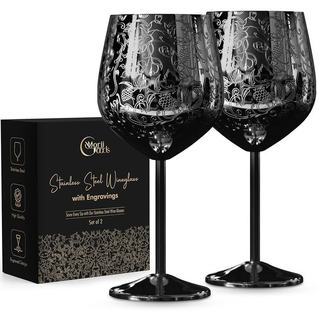 Morii Goods Stainless Steel Wine Glasses - Set of 2 Etched 16 oz Metal Goblets, Unbreakable Rose Gold Cups for Camping, Travel, Outdoor Events, Picnics, Luxury Wine Gifts for Women and Men