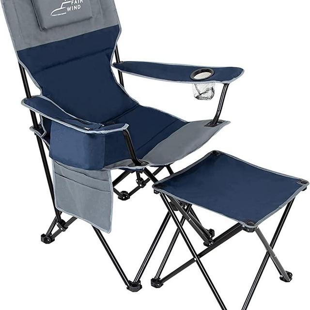 FAIR WIND Oversized Fully Padded Camping Lounge Recliner Chair with Footrest, Stool Set, Heavy Duty Quad Folding Arm Chair with Cooler Bag and Headrest - Support 300 LBS (Blue Grey)
