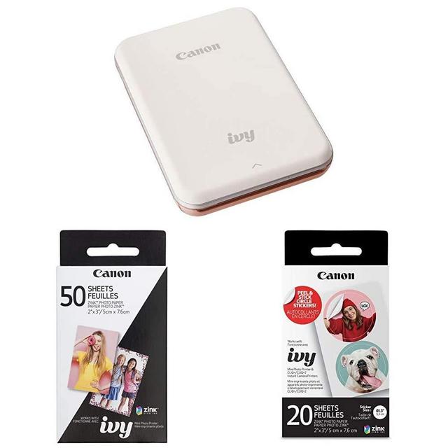 Canon Ivy Mobile Mini Photo Printer Through Bluetooth(R), Rose Gold with Canon Zink Photo Paper Pack, 50 SheetsandCanon Zink Pre-Cut Circle Sticker Paper, 20 Sheets