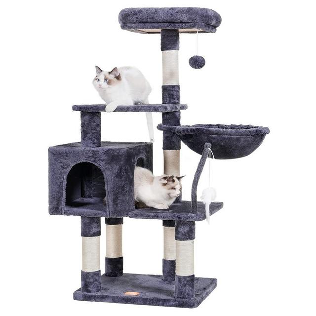 Heybly Cat Tree with Toy, Cat Tower condo for Indoor Cats, Cat House with Padded Plush Perch, Cozy Hammock and Sisal Scratching Posts, Smoky Gray HCT004G