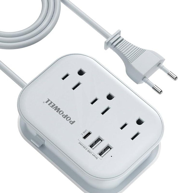 European Travel Plug Adapter USB C, Popowell International European Plug Adapter, 4 FT Travel Power Strip with 3 Outlets & 3 USB, Type C Power Adapter Travel Essential for Italy Spain France Germany.