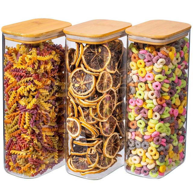 Xoniwis 63oz 3PCS Rectangle Glass Storage Containers with Bamboo Lids, Glass Jars with Lids, Clear Food Jar, Square Canister, Pantry Organizers and Storage for Flour, Pasta, Coffee, Tea, Snack, Cookie