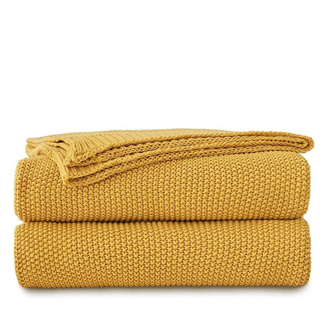 Longhui bedding Mustard Yellow Cotton Cable Knit Throw Blanket for Couch, Home Decorative Throw Blanket for Couch, Large Woven Throw Blankets with Bonus Laundering Bag, 3.4 Pounds 60 x 80 Inches