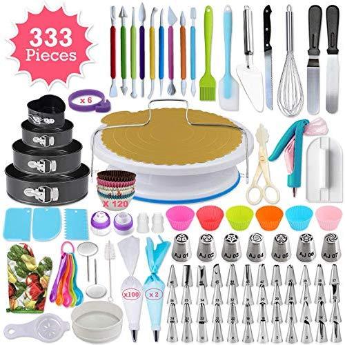 333pcs Cake Decorating Kit - Complete Cake Decorating Supplies & Baking Supplies - Baking Kit with 2 Piping Bags and 55 Tips - Frosting Bags and Tips with Turntable - Cupcake Decorating Kit