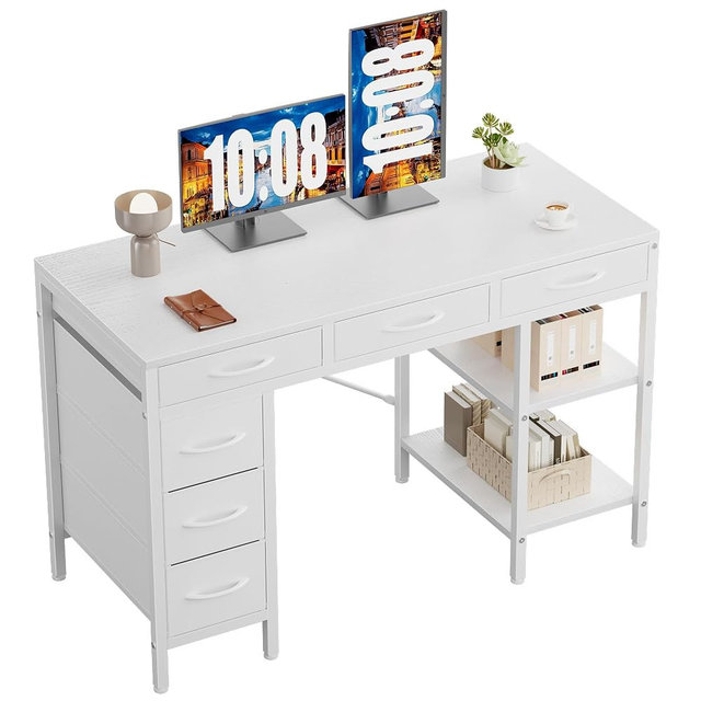 Sweetcrispy 47" Computer Desk with 6 Fabric Drawers, Home Office Gaming Desks with Storage Shelves for Bedroom, Writing Study Corner Living Room Work Table White