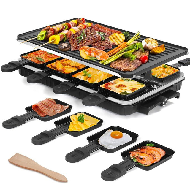 Raclette Table Grill, Electric Grill Indoor Korean BBQ Grill 2 in 1 Electric Griddle Nonstick with 8 Raclette Cheese Pans Adjustable Temperature Control 1300W Ideal for Family and Party Fun(Black)