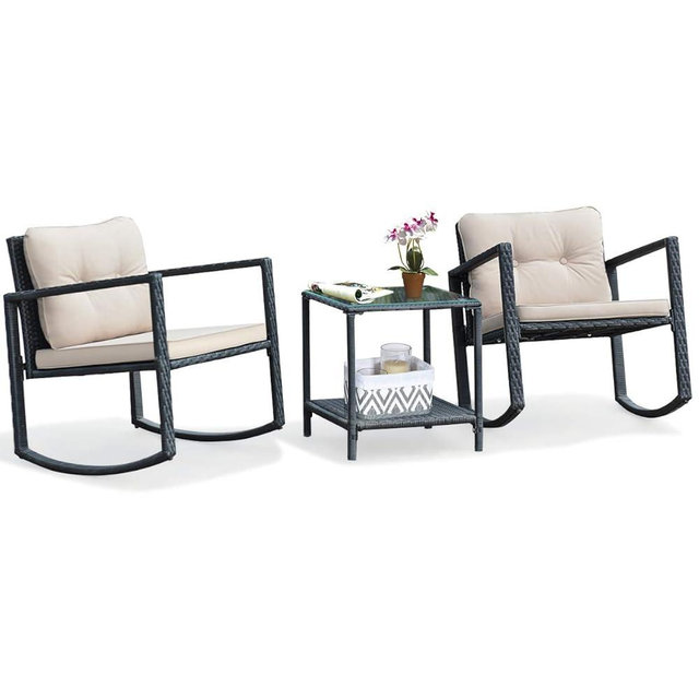 Tangkula 3 Pieces Patio Wicker Rocking Set, Outdoor Rocking Chairs and Table Set with Cushions, Glass Coffee Table with Storage Shelf, Suitable for Patio, Garden, Poolside, Balcony (Beige)