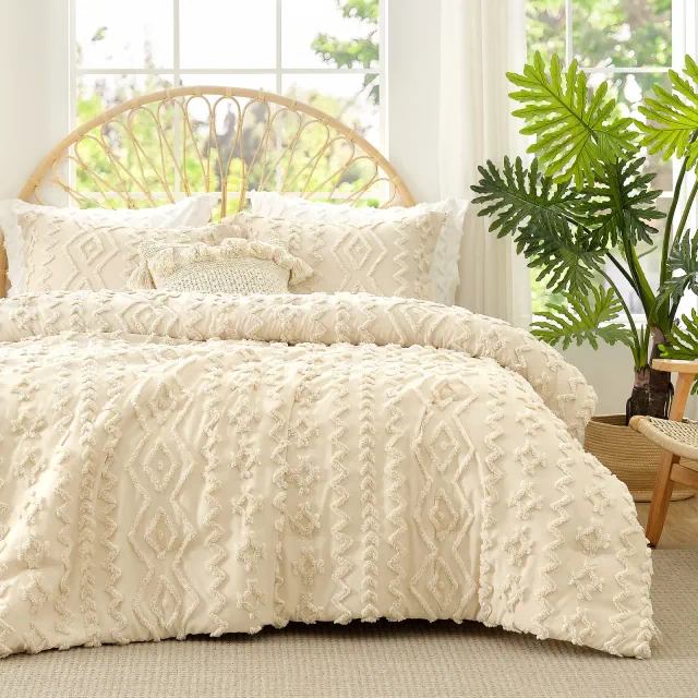 Textured Boho Comforter Set, Soft Lightweight Bedding with Rustic Diamond Design - Amelie Home
