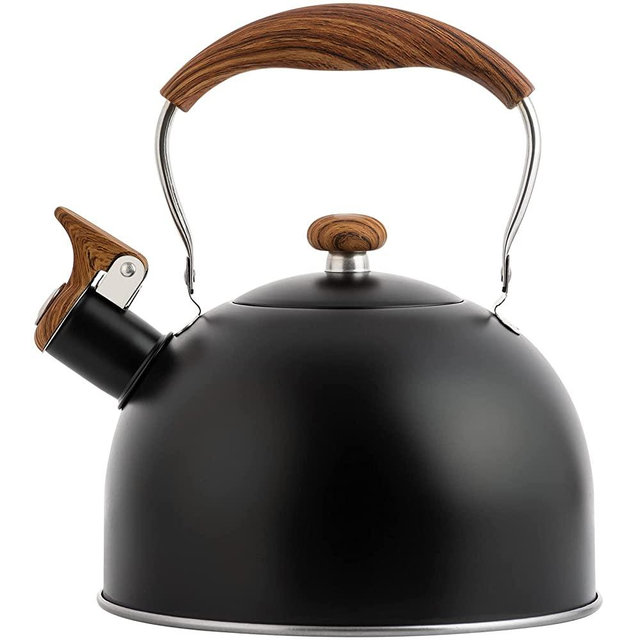 Whistling Tea Kettles with Wood Grain adjustment Nylon Handle, 2.6 Quart/2.5 Liter Capacity with Capsule Base Tea Kettle, Black