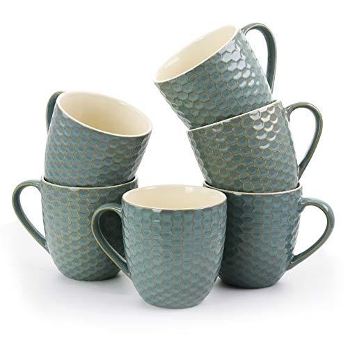 Elama Turquoise Geometric Embossed Stoneware Honeycomb Pattern Coffee and Tea Mug Gift Set, 6 Piece