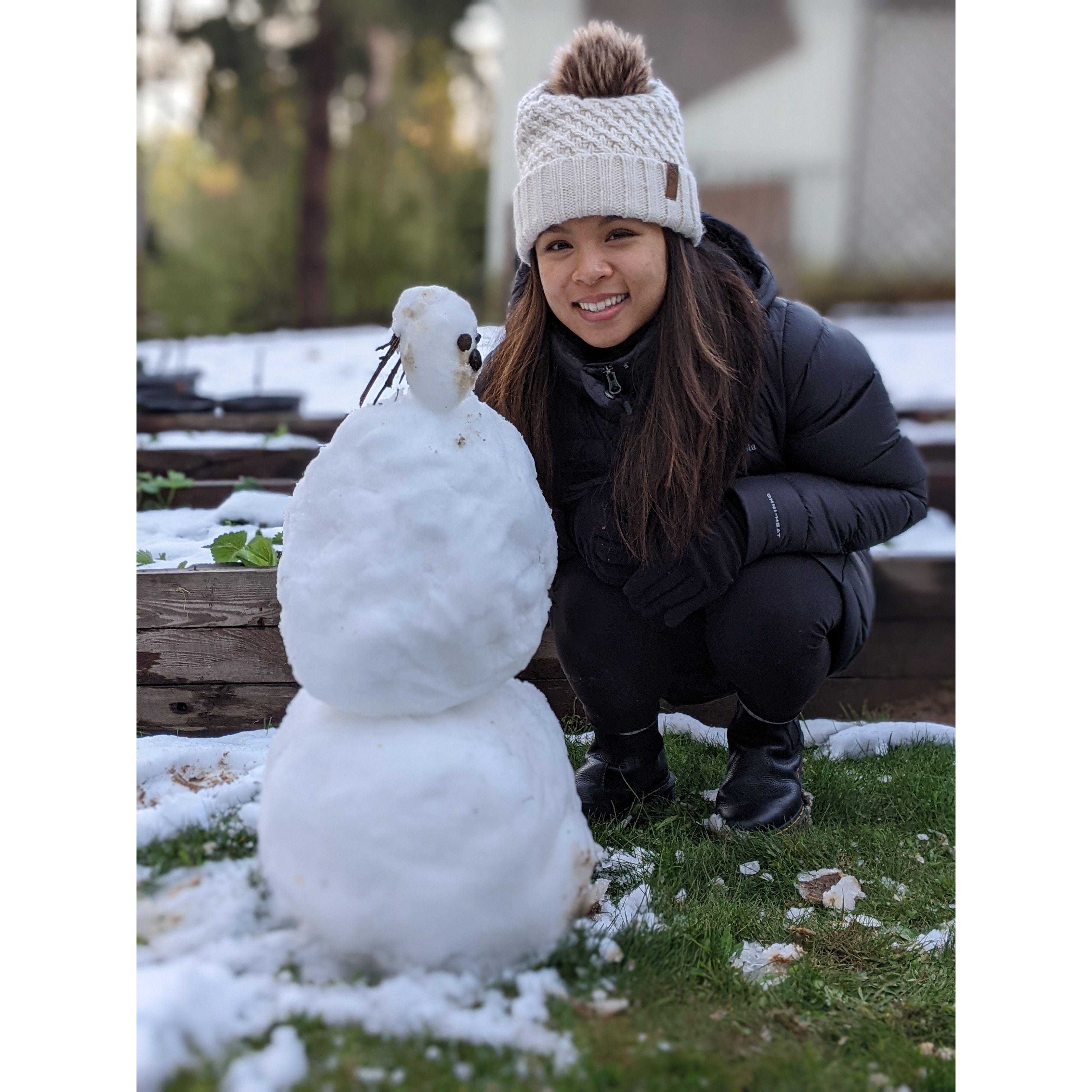 Kelly's Beetlejuice-inspired snowman during the great Portland snowpocalypse, May 2022
