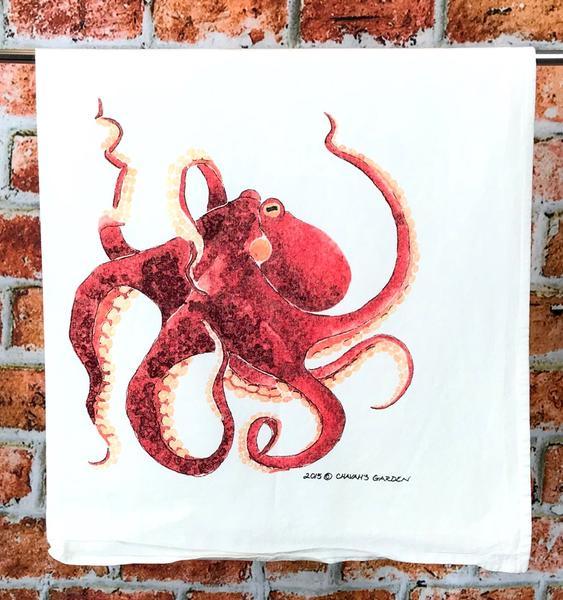 Octopus Tea Towel, Red Watercolor Octopus