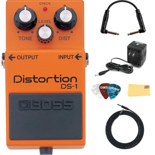 Boss DS-1 Distortion Bundle with Gearlux Power Supply, Instrument Cable, Patch Cable, Picks, and Austin Bazaar Polishing Cloth
