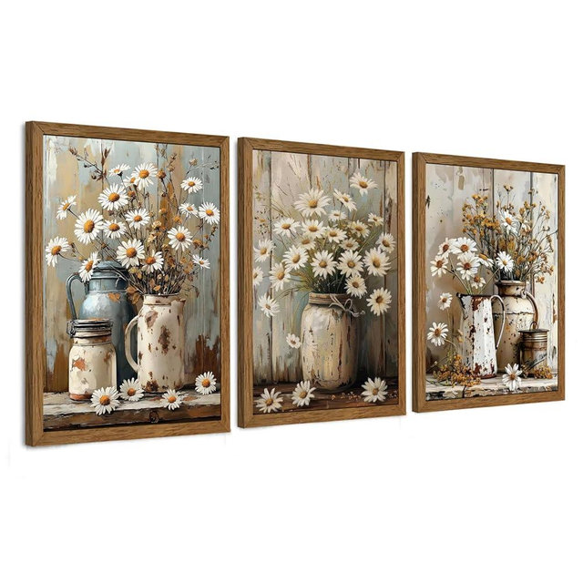 InspiredHues 3 Piece Elegant Farmhouse Canvas Wall Art, Vintage Floral Pictures Wall Decor, Nature Themed Daisy Artwork Prints for Living Room Bedroom Kitchen Home Decoration 12x16 Inch Wood Framed