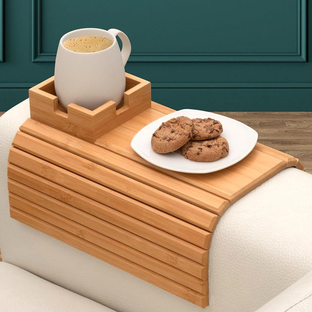 Bamboo Couch Cup Holder - Couch Arm Tray & Cup Holder for Drink & Snack, Couch Arm Table & Couch Armrest Tray with Couch Cup Holder Tray Table for Couch, Recliner, or Loveseat
