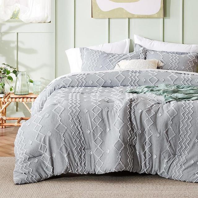 Bedsure Boho Tufted Comforter Set Queen - Dark Grey Cationic Dyeing Bedding Comforter Set, 3 Pieces Farmhouse Shabby Chic Embroidery Bed Set, Geometric Pattern Comforter for All Seasons