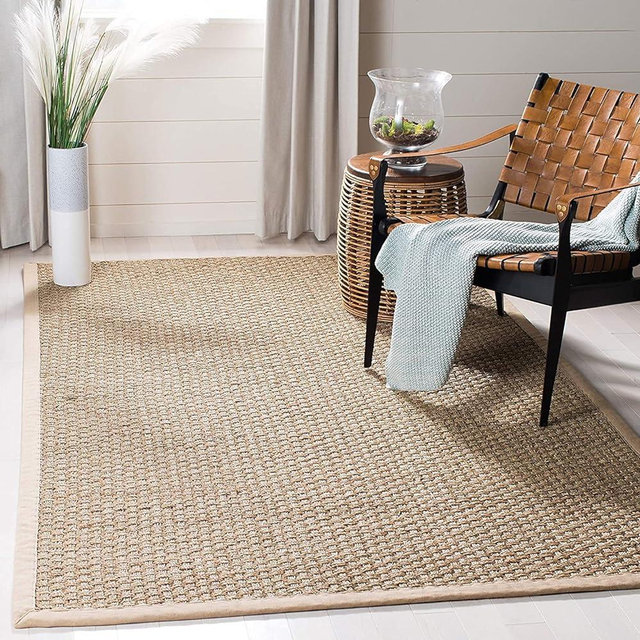 SAFAVIEH Area Rug 3' Square - Natural Fiber Collection - Natural & Beige, Seagrass, Basketweave Pattern with Border (NF114A)