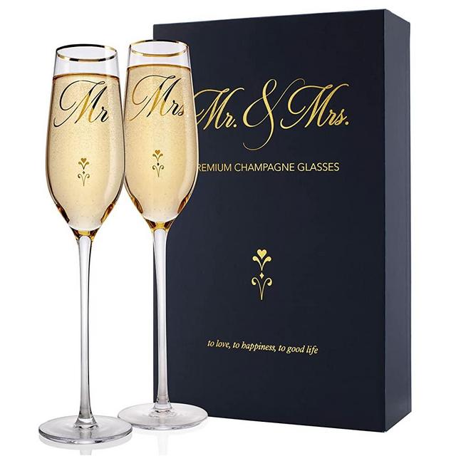 Mr. & Mrs. Wedding Champagne Flutes, Gold Print Elegant Design Bride and Groom Champagne Glasses for Toasting, Comes w/ Elegant Gift Box, His and Hers Engagement Party, Bridal Shower, Anniversary