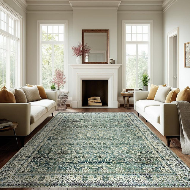 Dark Green Area Rugs 8x10 for Living Room Washable Non Slip Low Pile Blue and Green Rug Boho Vintage Floral Distressed Indoor Large Carpet for Bedroom Under Bed Dining Room Under Table 8 x 10,Teal