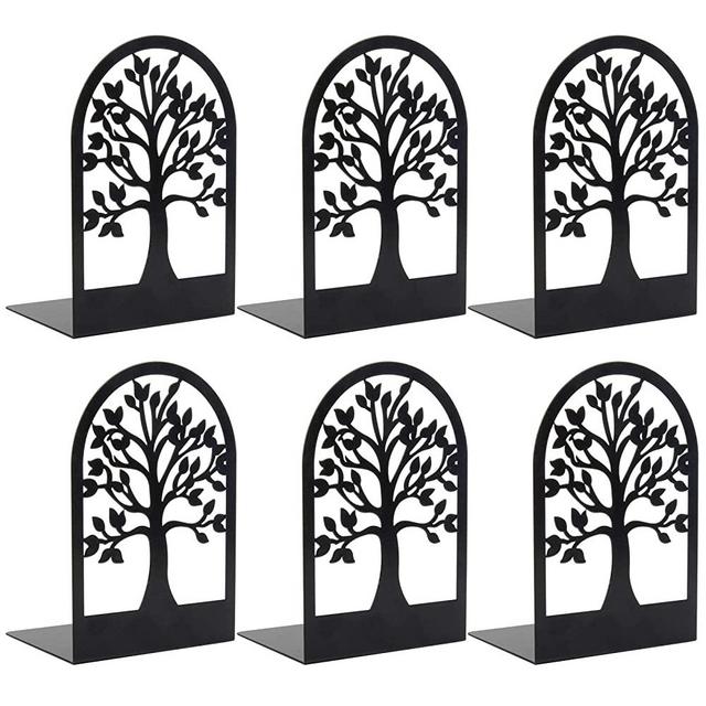 HappyHapi (3 Pairs) Decorative Bookends, Tree of Life Bookends–Metal Bookends for Heavy Books, Anti-Static Paint Surface, Anti-Slip Pads, Modern Bookends for Desk and Bookshelves