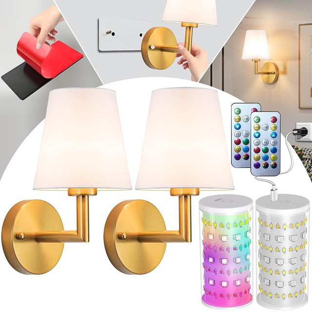 Vimhou Peel and Stick Wall Sconces, Stick On Wall Sconce Set of 2, Battery Operated Wireless Wall Light, No Drill Adhesive Wall Lamp, Corn Bulb with 10000mAh Rechargeable Battery, Bedroom Wall Decor