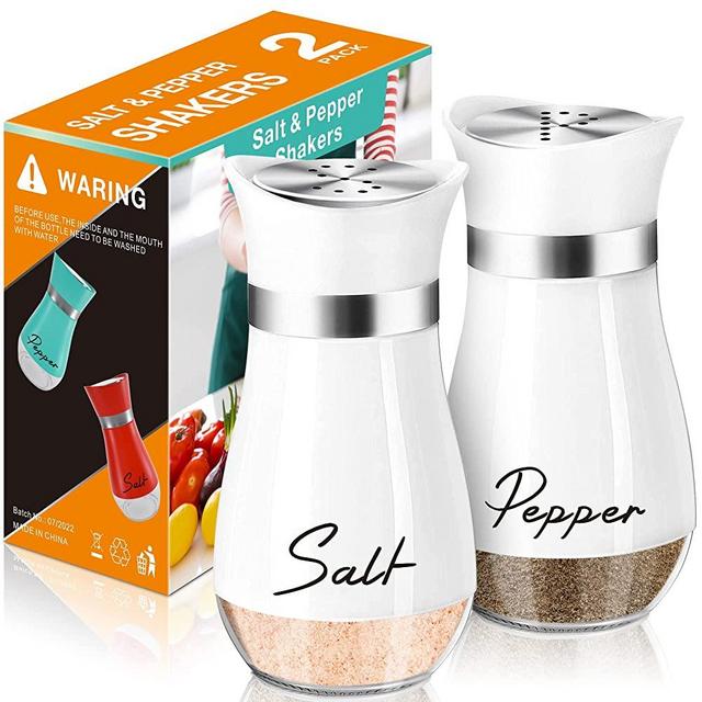Salt and Pepper Shakers Set,4 oz Glass Bottom Salt Pepper Shaker with Stainless Steel Lid for Kitchen Cooking Table, RV, Camp,BBQ Refillable Design (White)