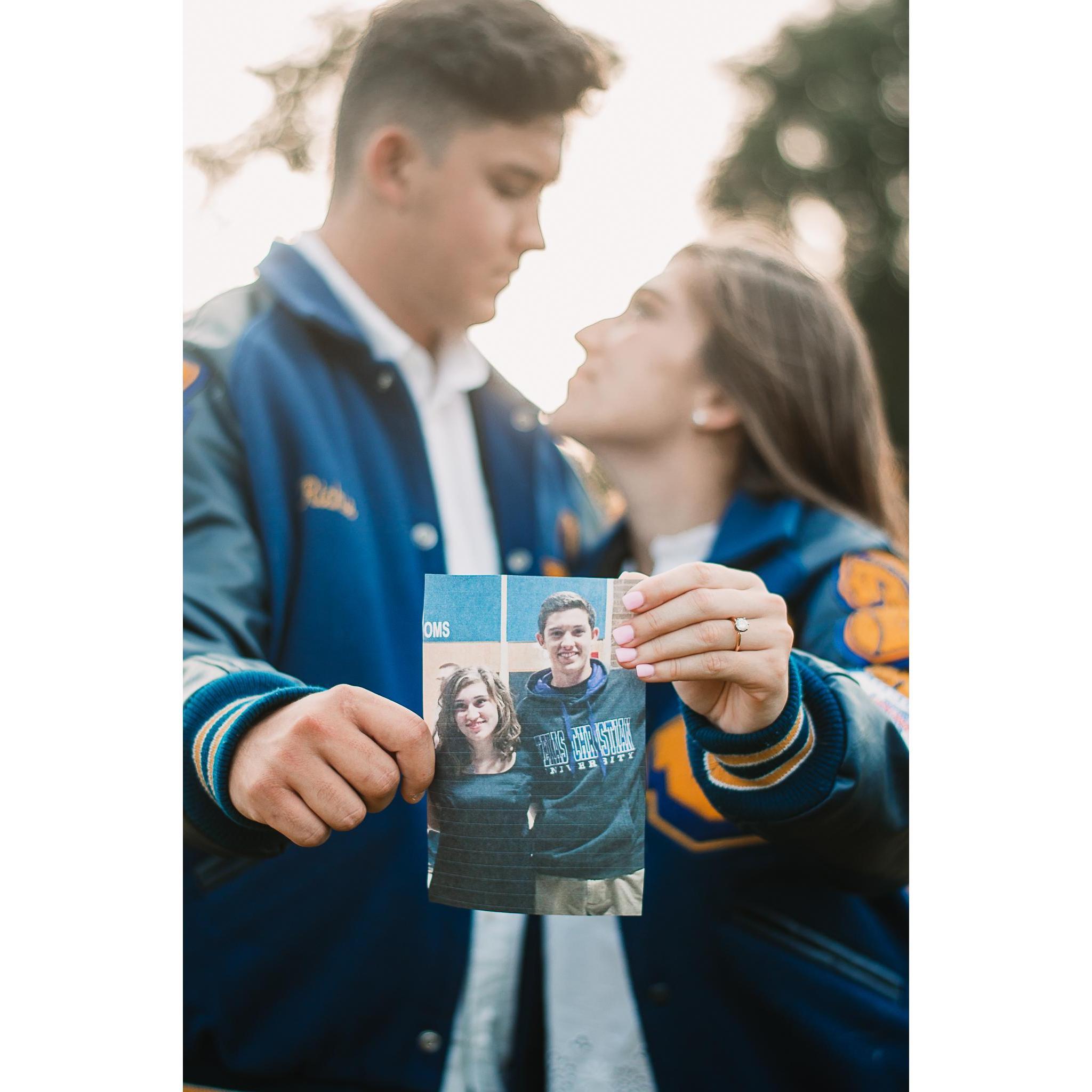 Our engagement photo featuring a throwback to when we first started dating in 2014!