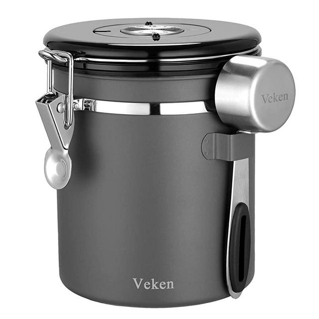 Veken Coffee Canister, Airtight Stainless Steel Kitchen Food Storage Container with Date Tracker and Scoop for Beans, Grounds, Tea, Flour, Cereal, Sugar, 16OZ, Gray