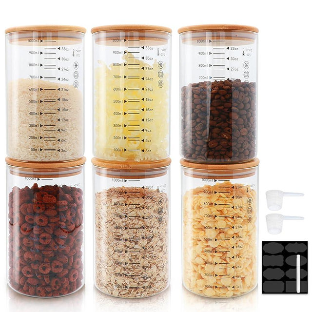 Datttcc 33 oz Glass Food Storage Containers with Bamboo Lids, Glass Canisters with Airtight Lids for Kitchen and Storage, Glass jars for Sugar,Pasta, Flour,Coffee Bean,6 Pack