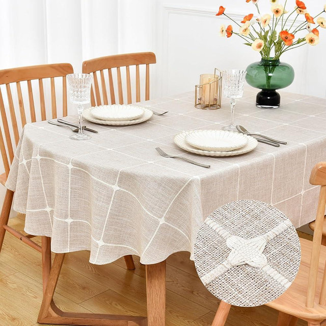 NEWISHER Farmhouse Embroidered Plaid Tablecloth Lattice Fabric Table Cloth Oval Rustic Checkered Table Cover Dining Kitchen Home Decor Party (Brown, 60 x 84 inch)