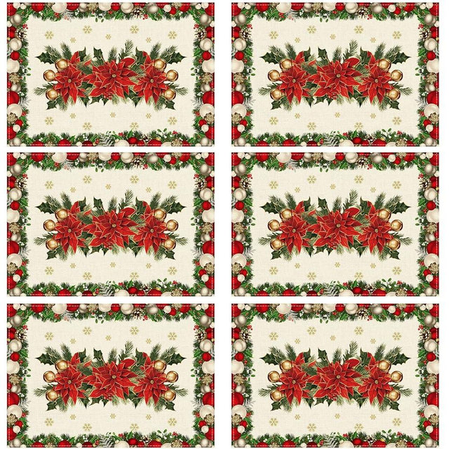 XCHI Christmas Poinsettias Leaves Bells Snowflakes Winter Xmas Placemats Set of 6 Table Mats for Party Home Kitchen Dining Table Decorations 12x18 Inch