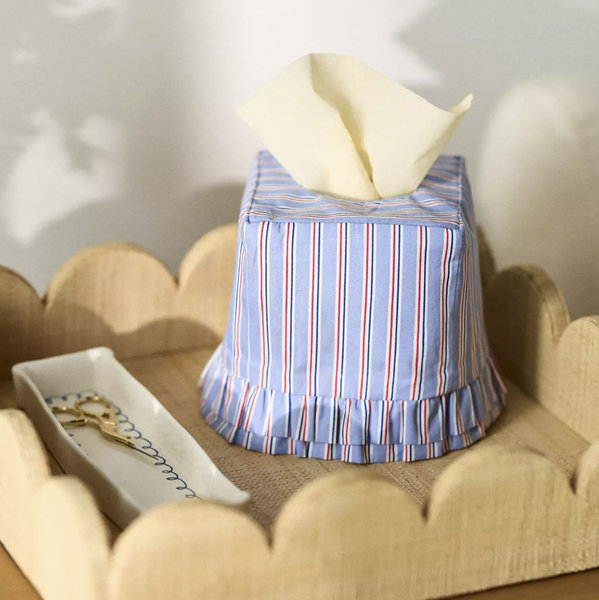 Fabric Printed Ruffle Tissue Box Cover - Blue Stripe, One Size