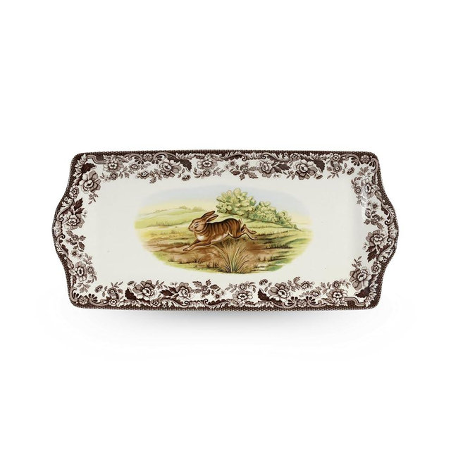 Spode Woodland Rabbit Sandwich Tray – 13" x 6.5" Fine Porcelain Serving Platter with Side Handles, British Flowers Border, Microwave, Dishwasher & Warm Oven Safe – Rustic English Tableware