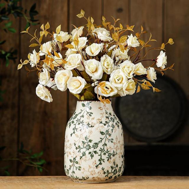 Green and Beige Vintage Vase, Chinoiserie Floral Vase, Rustic Ceramic Large Vases for Home Decor, Living Room, Bookshelf, Office, Grand Millennial Decor, Chinoiserie Decor, Tuscan Decor 7.8 Inch