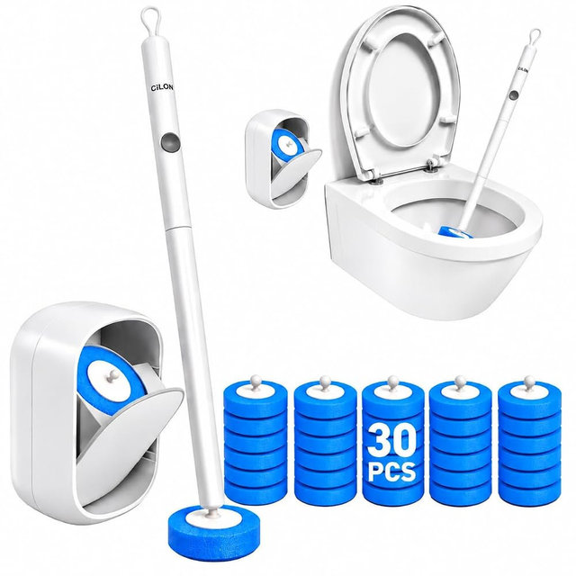 CiLoN Disposable Toilet Brush, Toilet Wand Cleaning System, Bowl Scrubber | Flip-Top Hands-Free Wall-Mounted Toilet Bowl Brush & Holder with 30 Disposable Cleaning-Fluid Scrubbing Pads for Hygienic Use