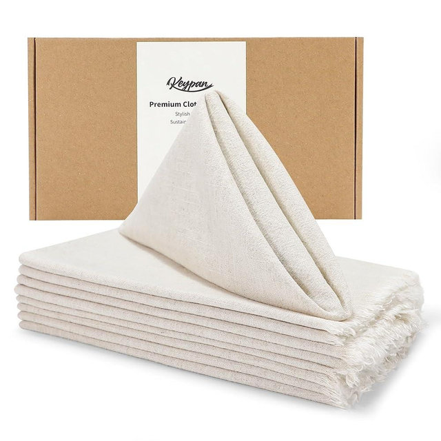 keypan Beige Cloth Napkins Washable, Natural Linen Cotton Table Rustic Fabric Napkins Bulk with Fringe for Thanksgiving Dinner Wedding Party Set of 8 17x17 inch